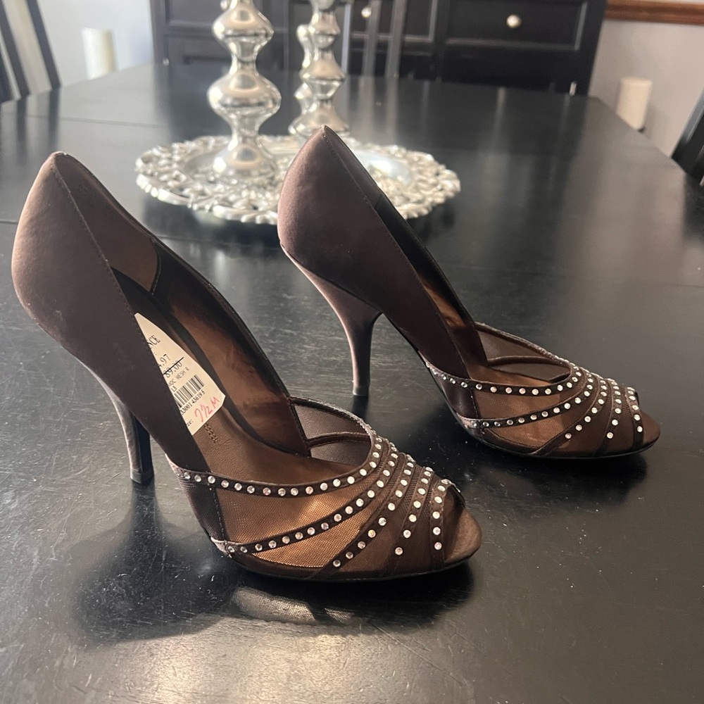 Alfani Chocolate Rhinestone Peep-Toe Heels - Picture 3 of 5
